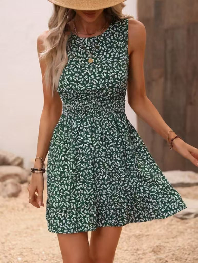 Womens Sleeveless Floral Wrap Dress With A Defined Waist And Round Neck