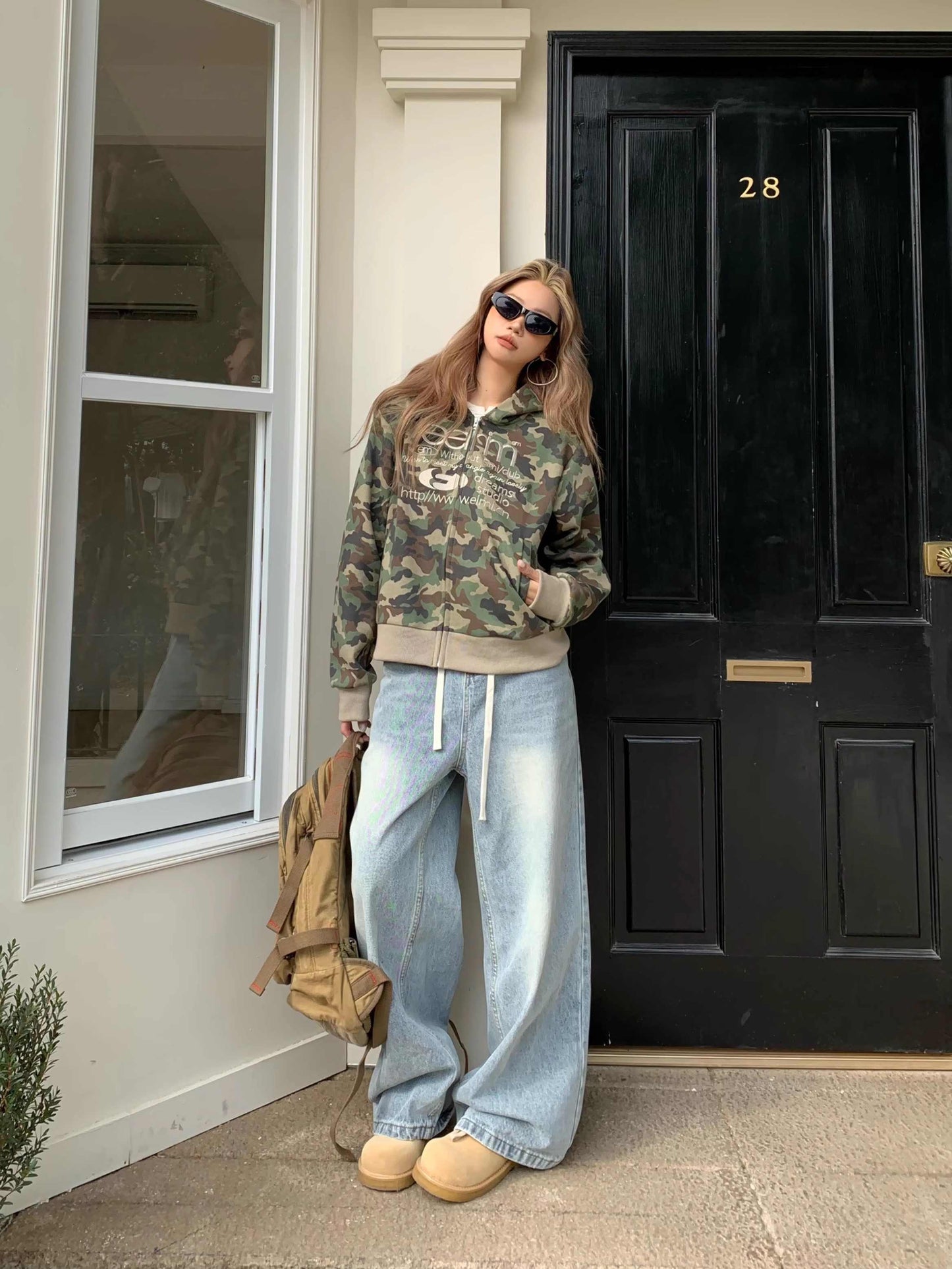 Women's Cardigan Retro Alphabet Camouflage Hooded Short Sweater Jacket