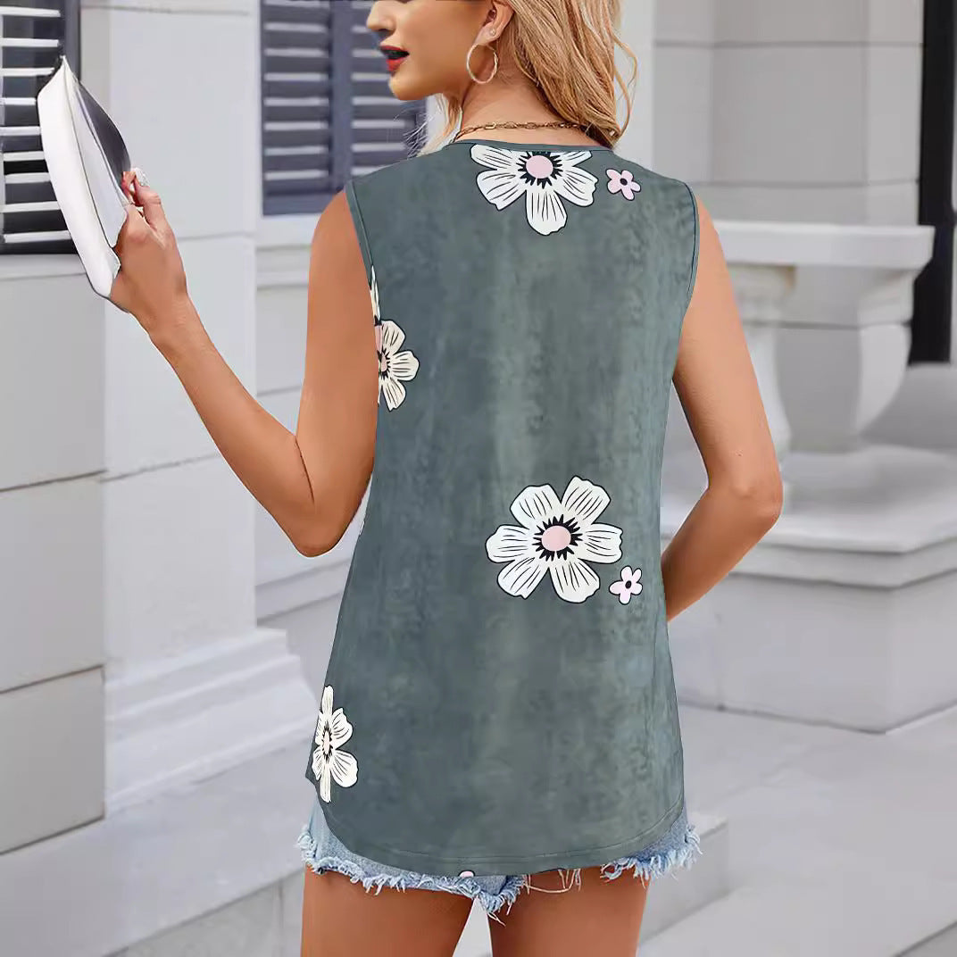 Women's Flower Print Vest Casual Fashion Round Neck Top