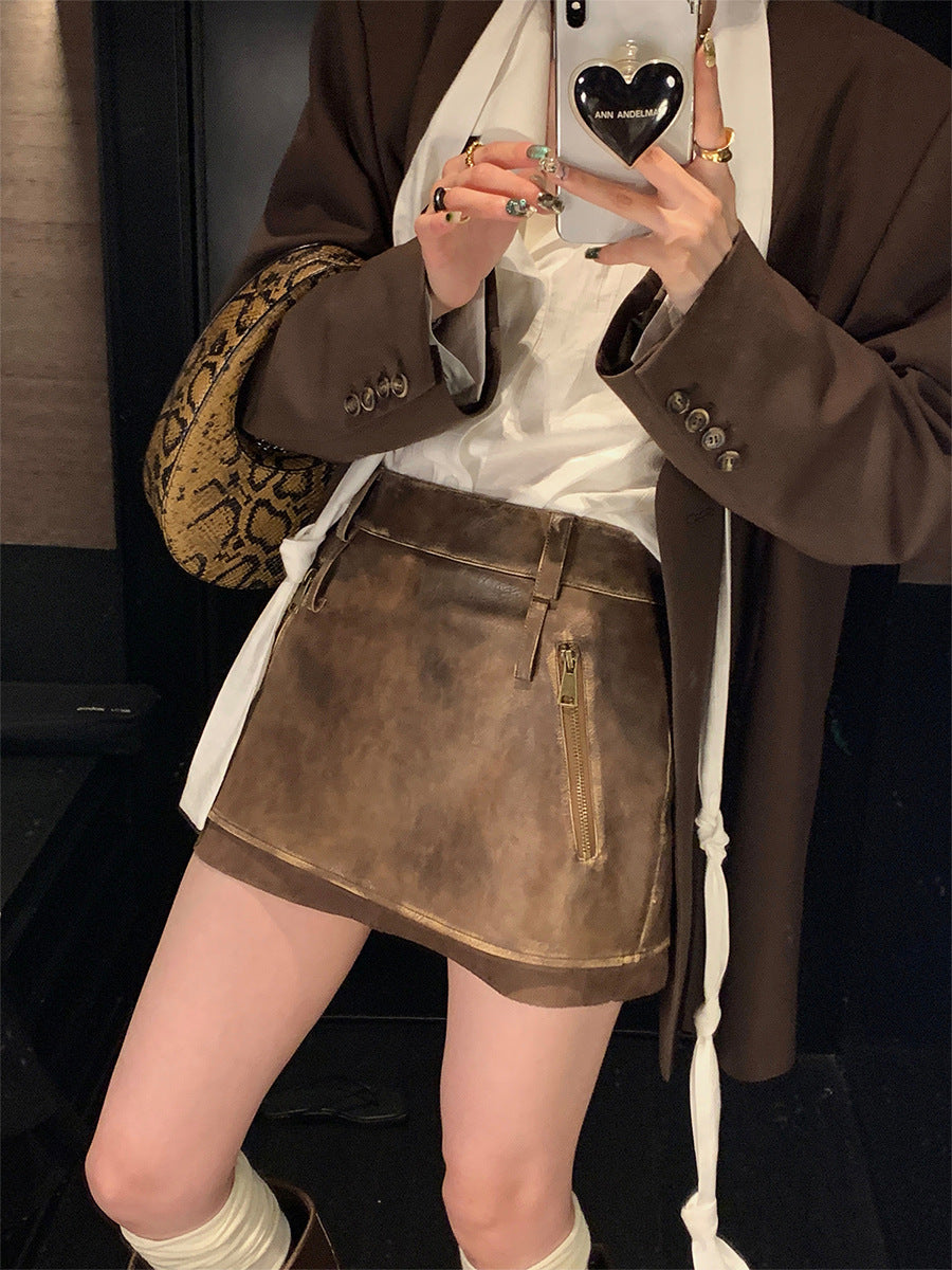 Brushed PU Leather Skirt Women's Autumn Retro A- Line