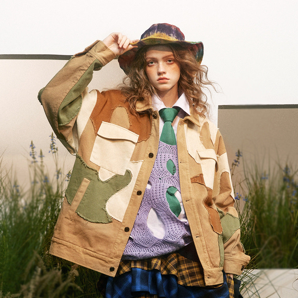 Stitching Color Block Design Sense Niche Loose Turn-down Collar Coat Tide