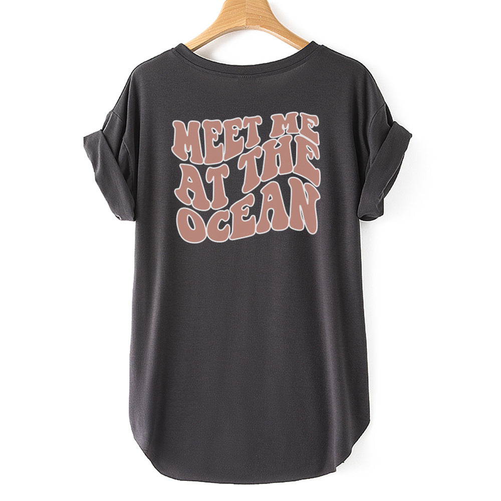 Letters MEET ME AT THE OCEAN Print Short Sleeve T-Shirt