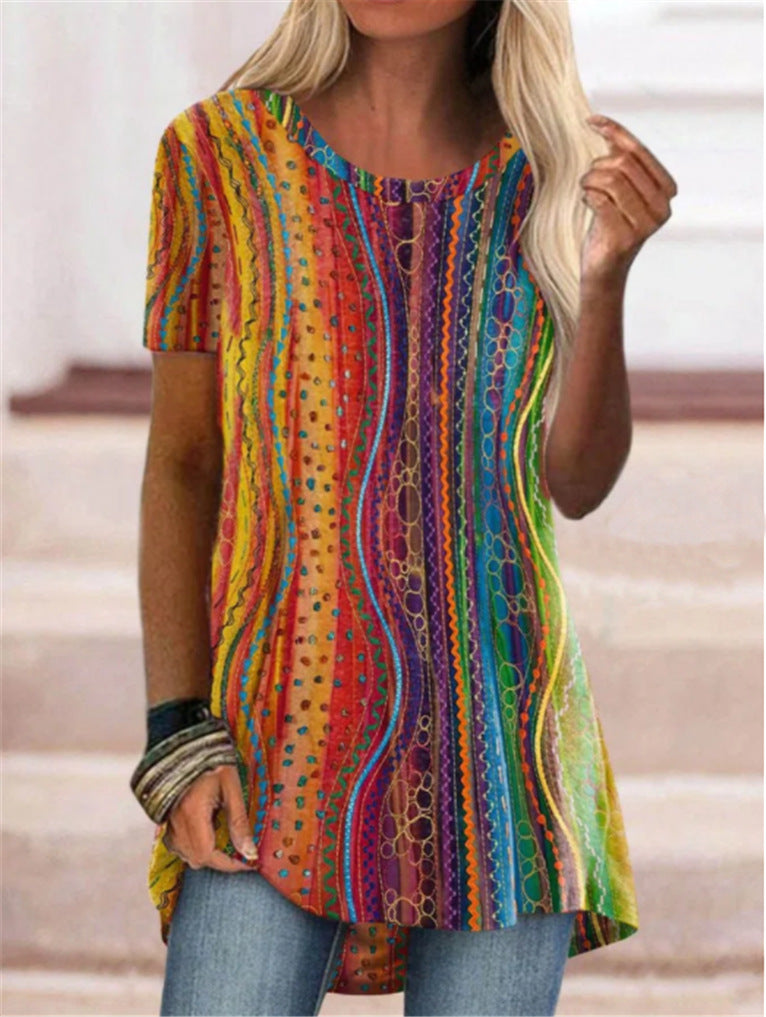 Round Neck Ethnic Vintage Women's Print Short Sleeve T-Shirt