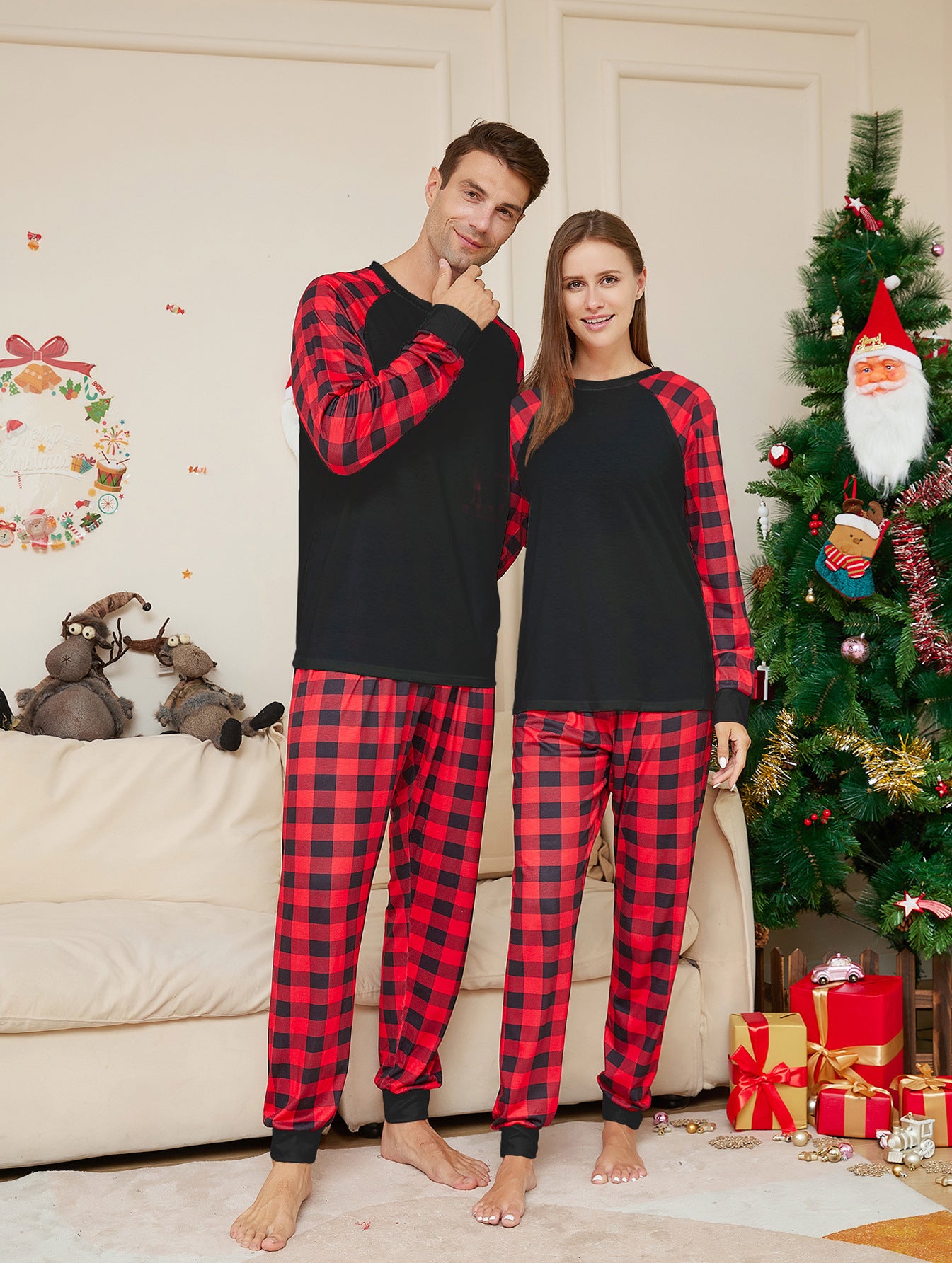 Women's Fashion Christmas Solid Color Plaid Printed Pajamas Set