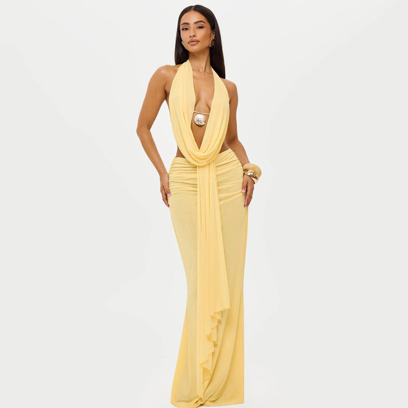 Womens Halterneck Backless Top And Sexy Hip-Hugging Skirt Set