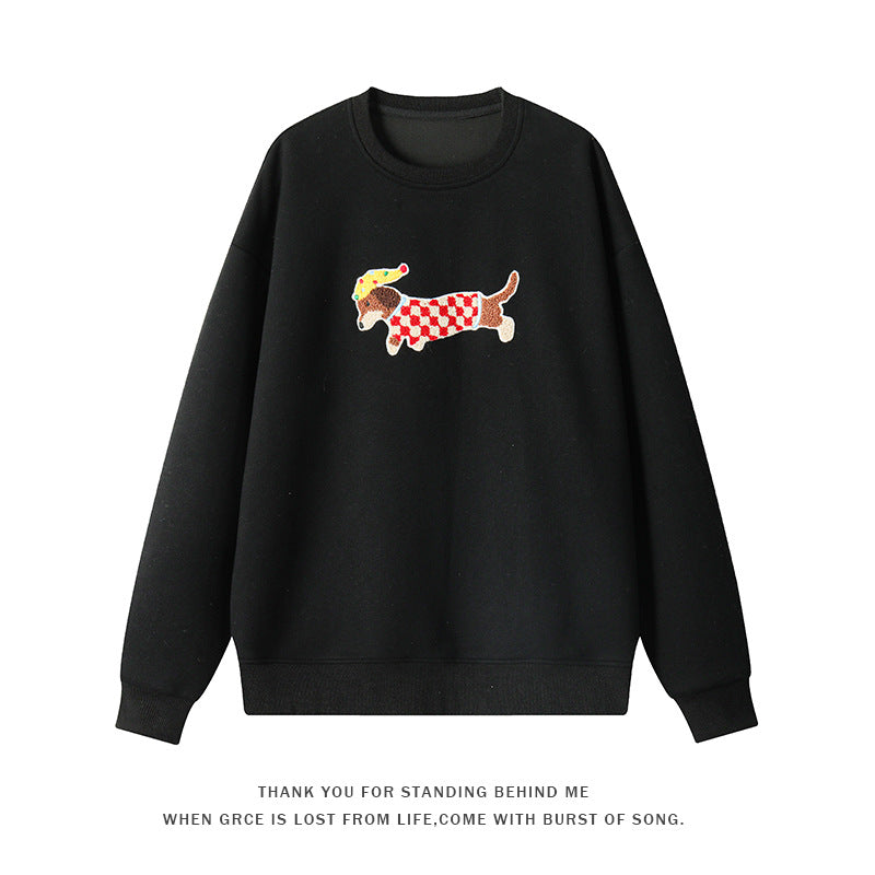 Korean Style Fluffy Dachshund Towel Embroidery Pullovers New