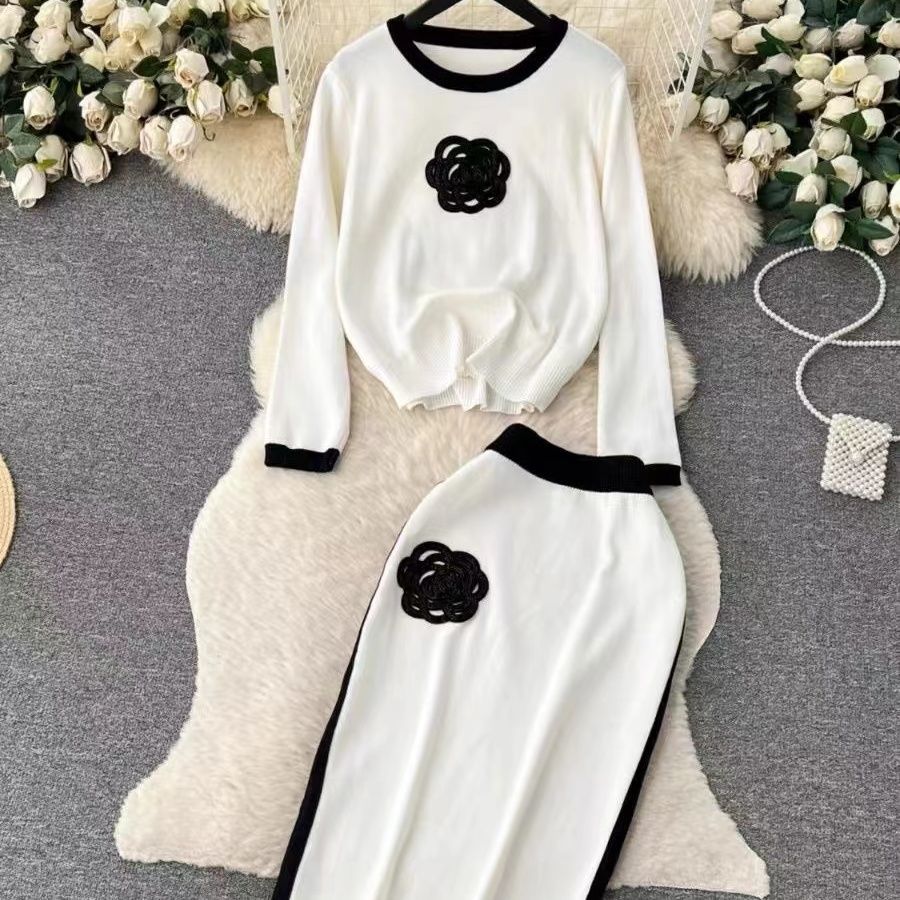 Crew-neck Loose-fit Knit Top And High-waisted Midi Skirt