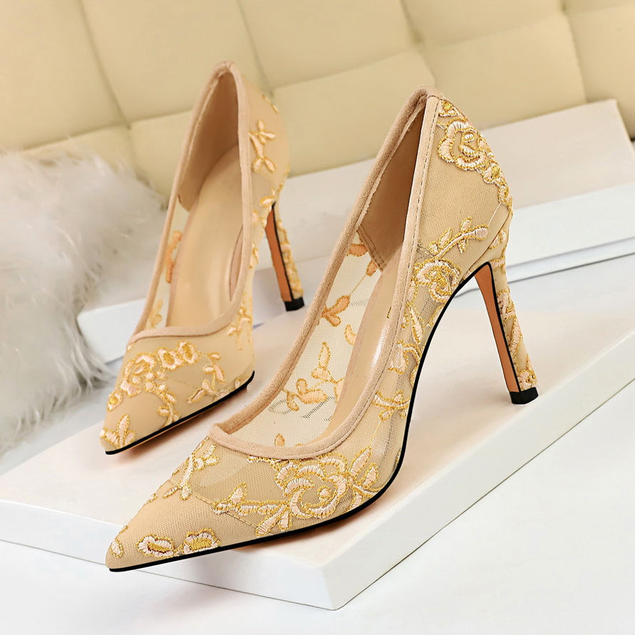 Shallow High Heels Stiletto Pointed Flower Mesh Lace All-match Single Shoes