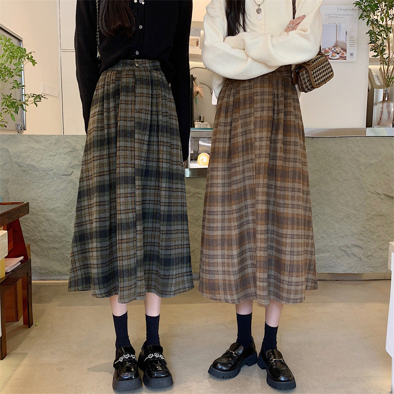 Winter High-grade Coffee Color Plaid Skirt For Women