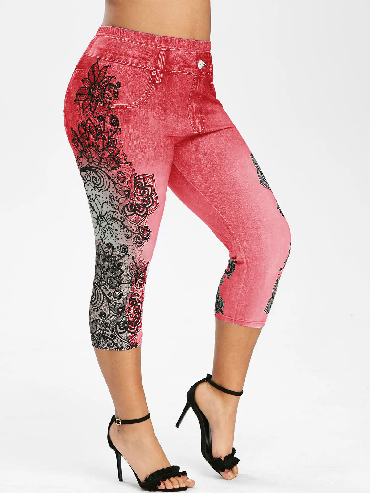 Mid-rise Printed Faux Denim Skinny Cropped Pants