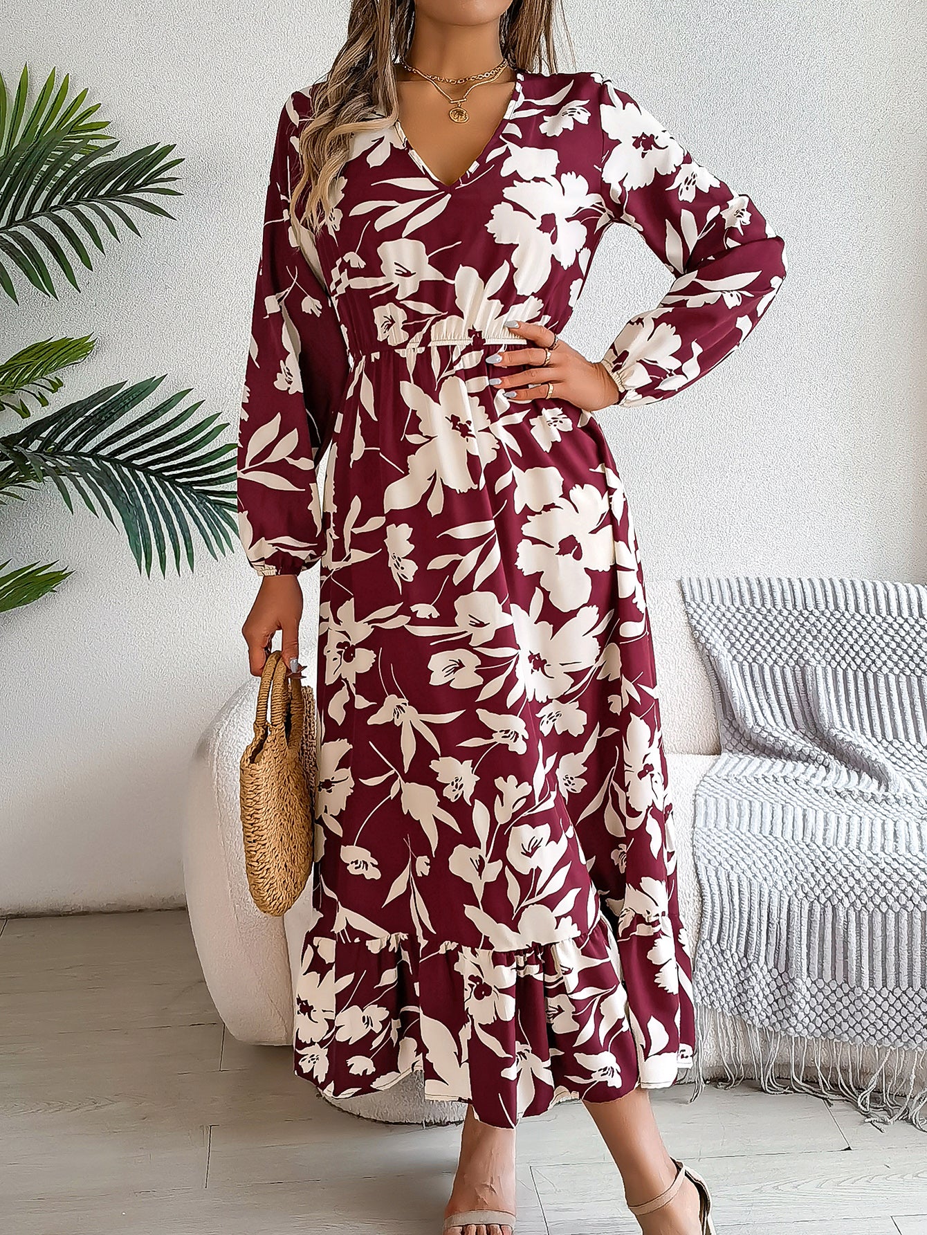 Dame Casual Blomstret Slå Om-kjole Med Lange Ærmer Og Flæser