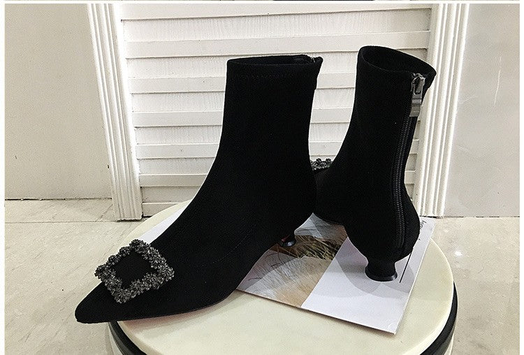 Rhine-drill Pointed High Heels Square Buckle Elastic Boots Large Size Ankle Boots Low Heel