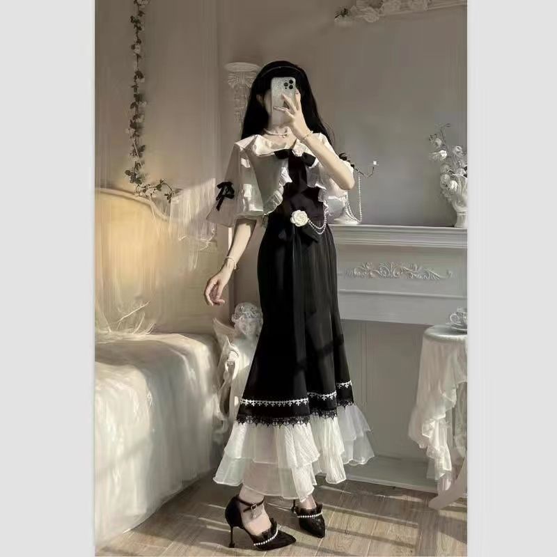 French Style Super Fairy Ruffled Stitching Shawl Fishtail Skirt Two-piece Set