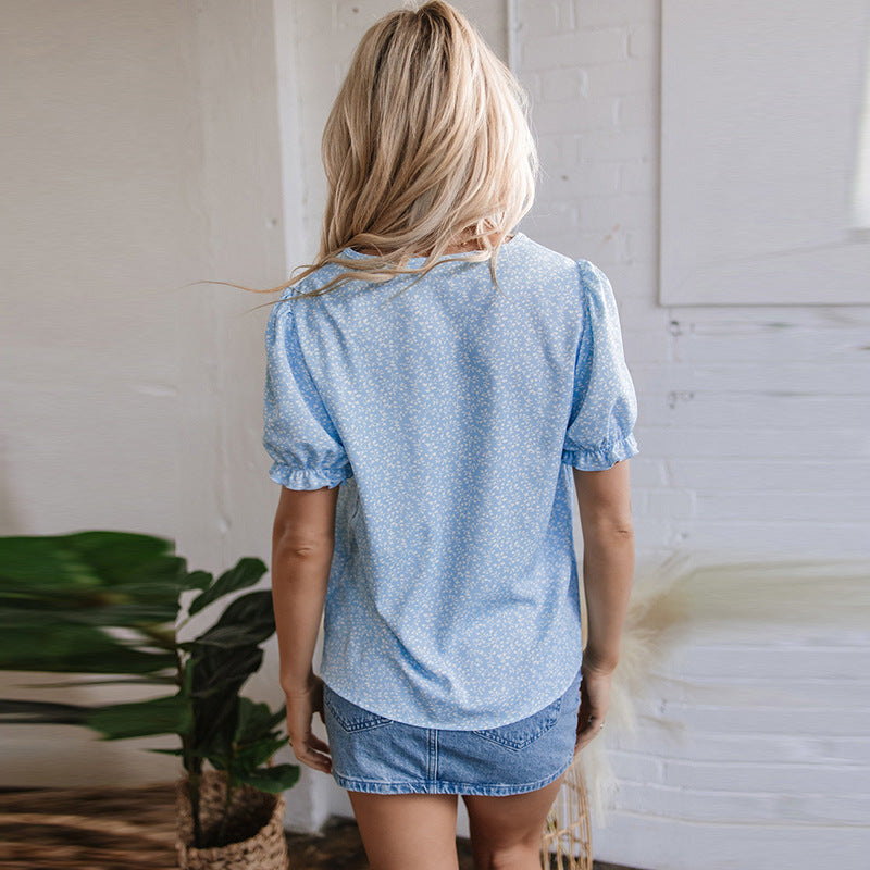 Pullover V-neck Chiffon Shirt Embroidered Short Sleeve