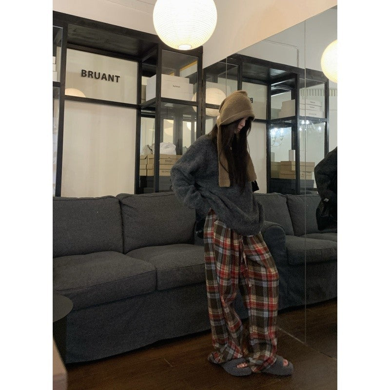 Womens Retro Plaid Padded Casual Straight-Leg Pants