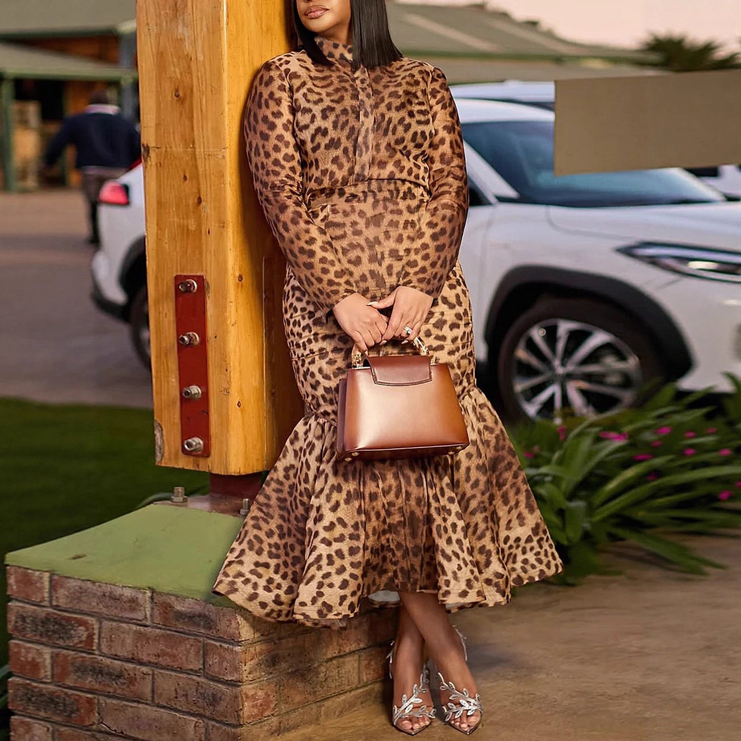 Plus-size Casual Two-piece Set Featuring A Long-sleeved Fishtail Skirt And Top