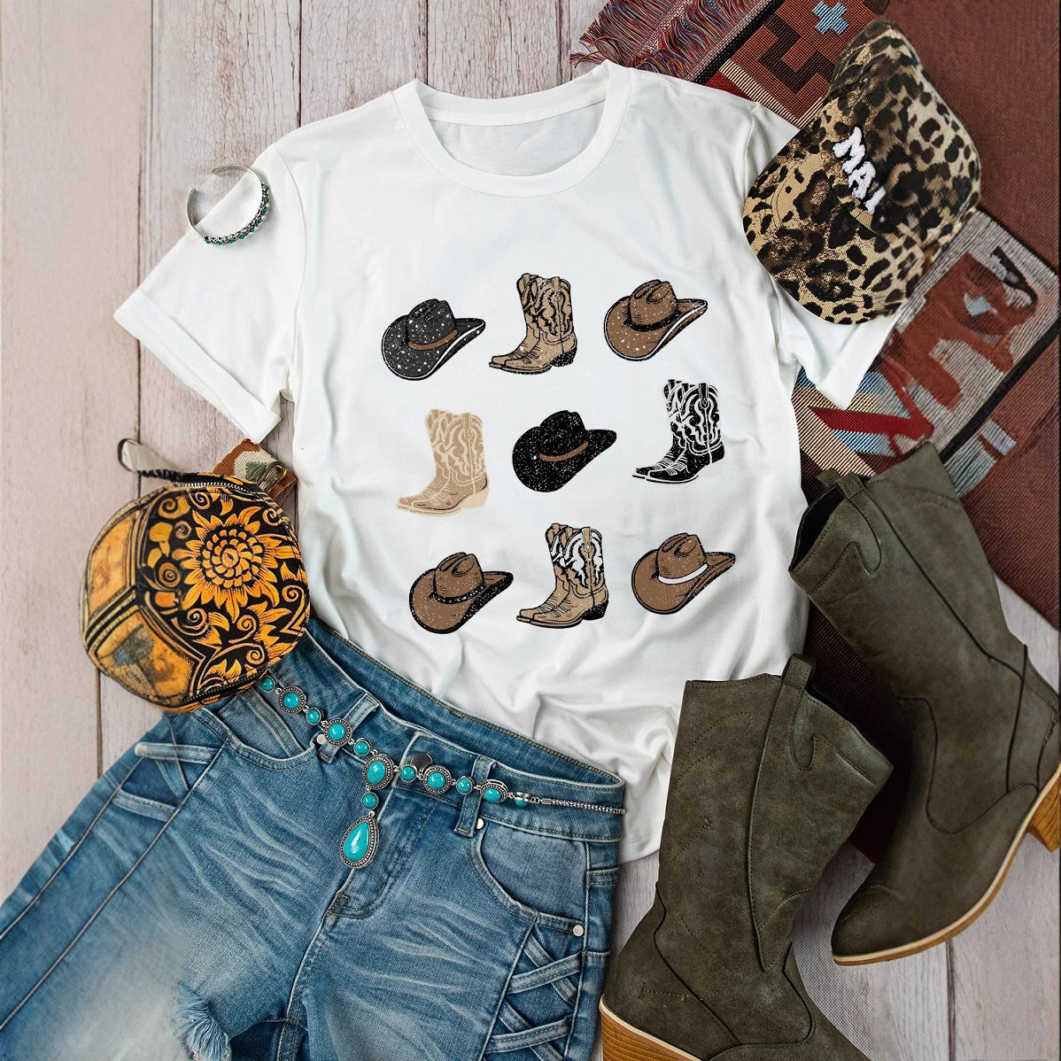 Dame Retro Cowboy Denim Country Koncert Western Konkurrence T-shirt