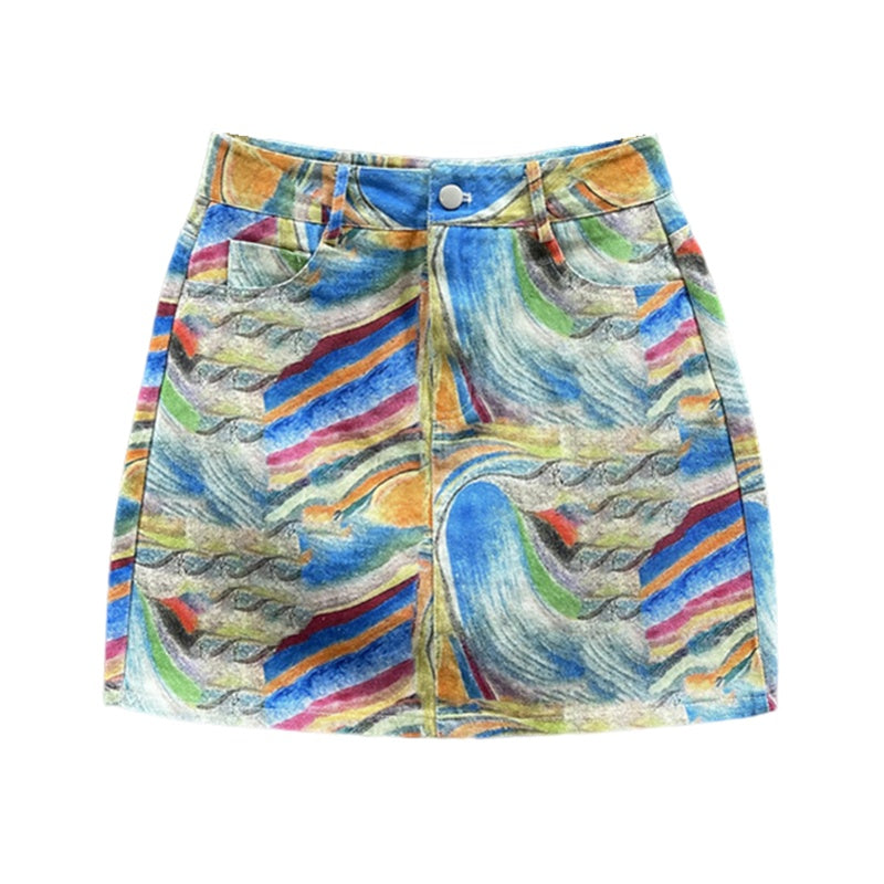 Women's High Waist A-line New Summer Printed Denim Skirt