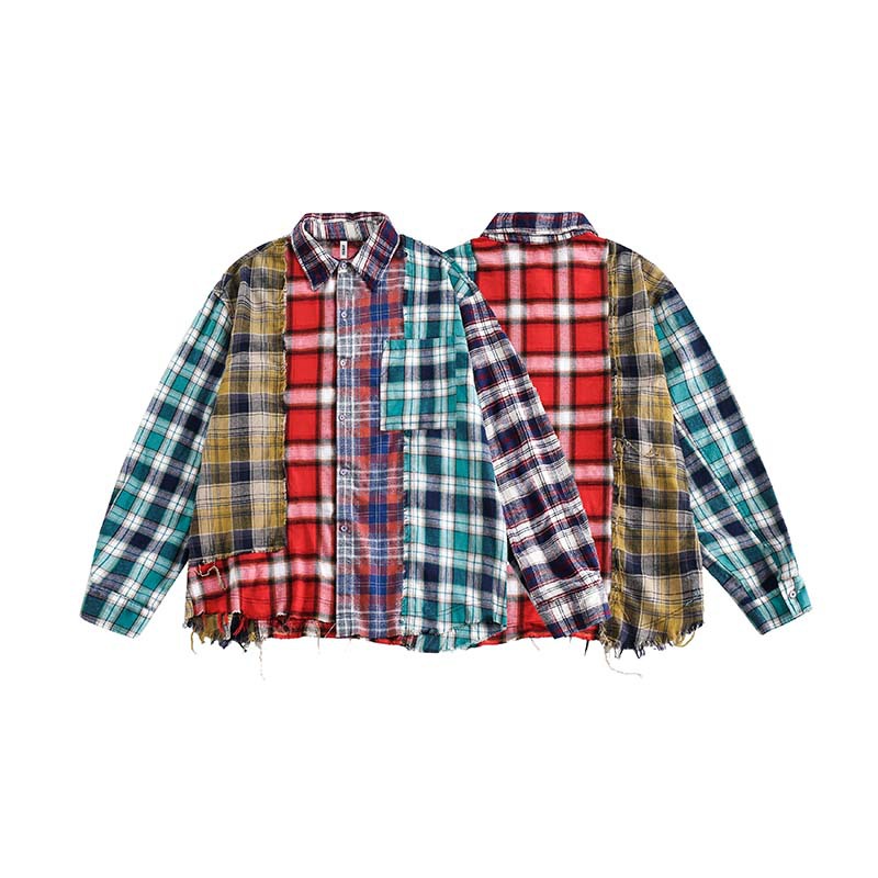 Multi-color Mosaic Plaid Fringed Hem Long Sleeve Shirt Men