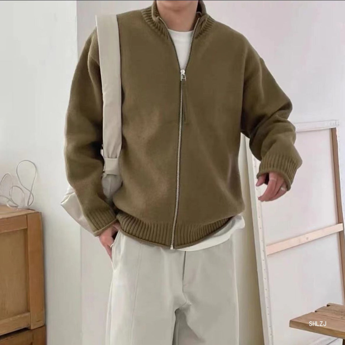 Men's Spring And Autumn Stand Collar Knitted Cardigan Jacket