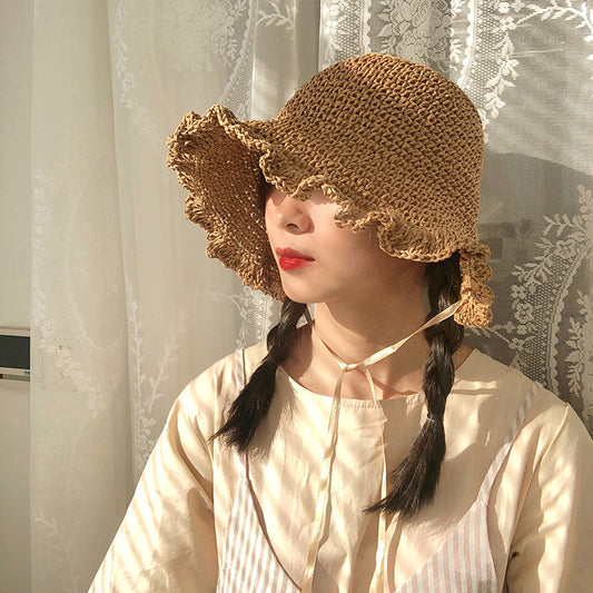 Lace Up And Upturned Cute Papyrus Ins Wind Pastoral Grass Woven Hat