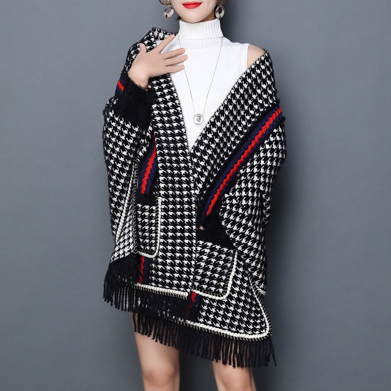 Houndstooth Shawl Women's Outer Wear Autumn And Winter Thickened
