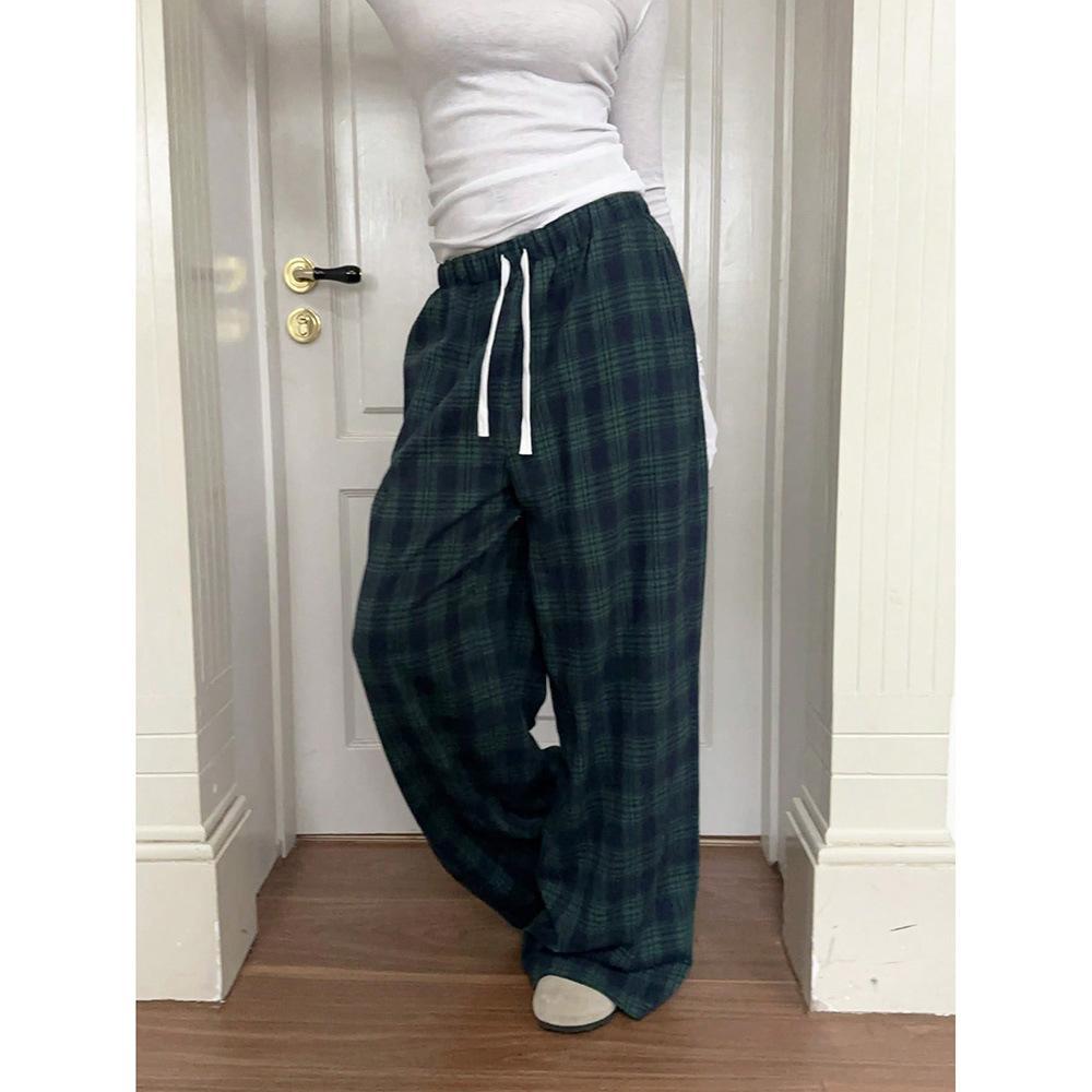 Womens Retro American-Style Color-Block Plaid Casual Pants