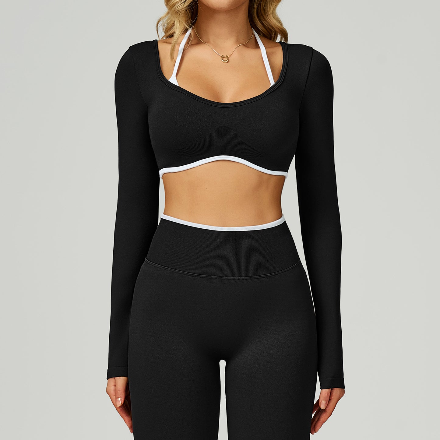 Seamless Contrast Color Yoga Long Sleeve Fake Two-piece Short Version Slim Fit Yoga T-shirt