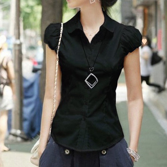 Women's Puff Sleeve Short Sleeve White Professional Slim Fit Shirt