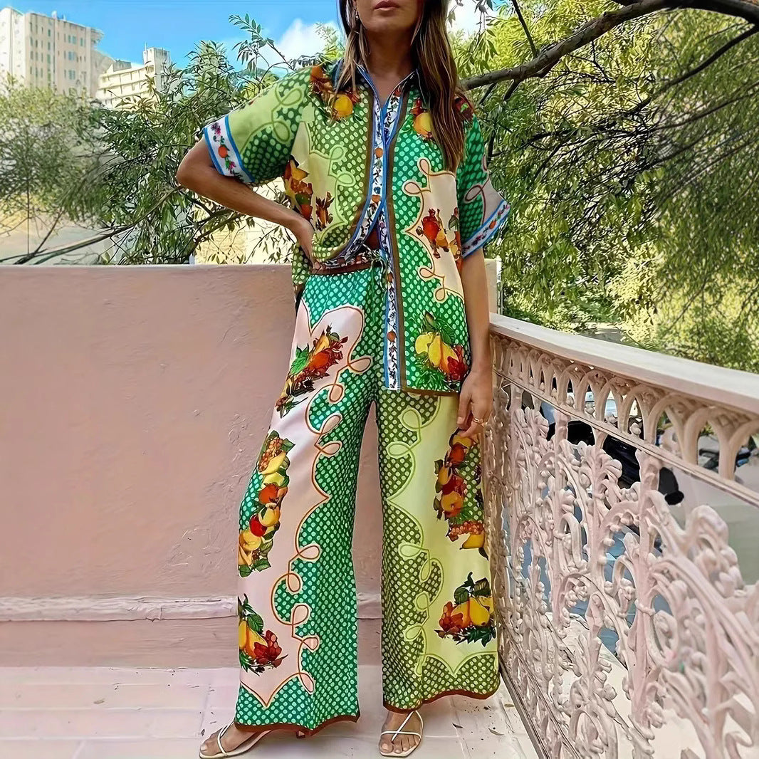 Casual Plant-patterned Short-sleeve Set