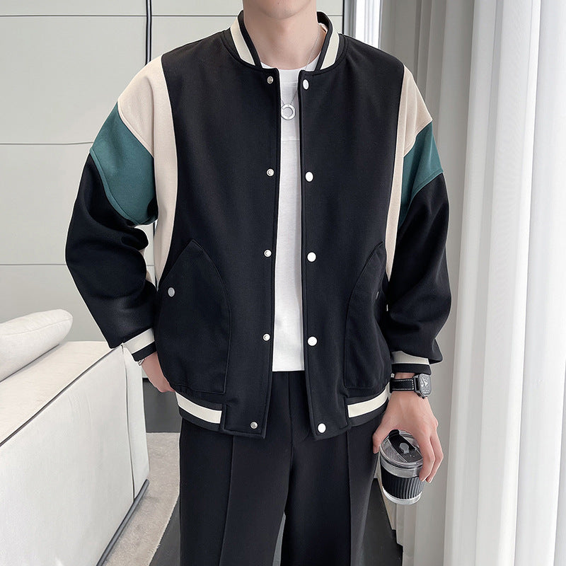 Men's Youth Stand Collar Stitching Casual Cotton Baseball Uniform Jacket Coat