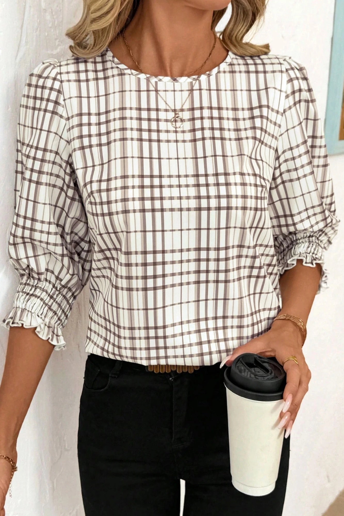 White Plaid Printed Ruffle Puff Half-Sleeve Shirt