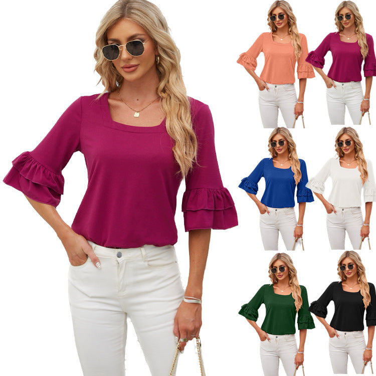 Square Collar Ruffled Half Sleeve Solid Color Loose T-shirt