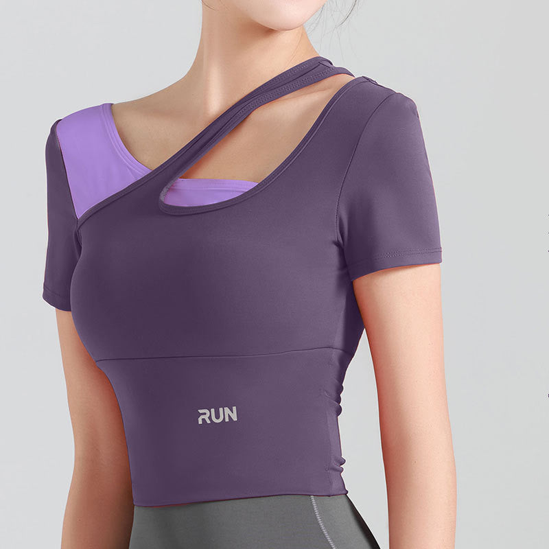 Peach Slanted Shoulder Color Matching Yoga Short-sleeved