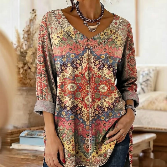 Retro Botanical Print Relaxed-fit Long-sleeve Casual Top