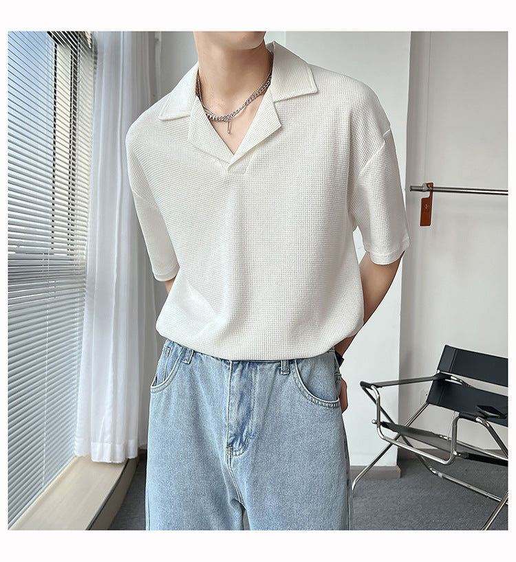 Ins Springsummer Plain Short Sleeve Polo Knitted Loose Drop-shoulder Sleeve Half Sleeve