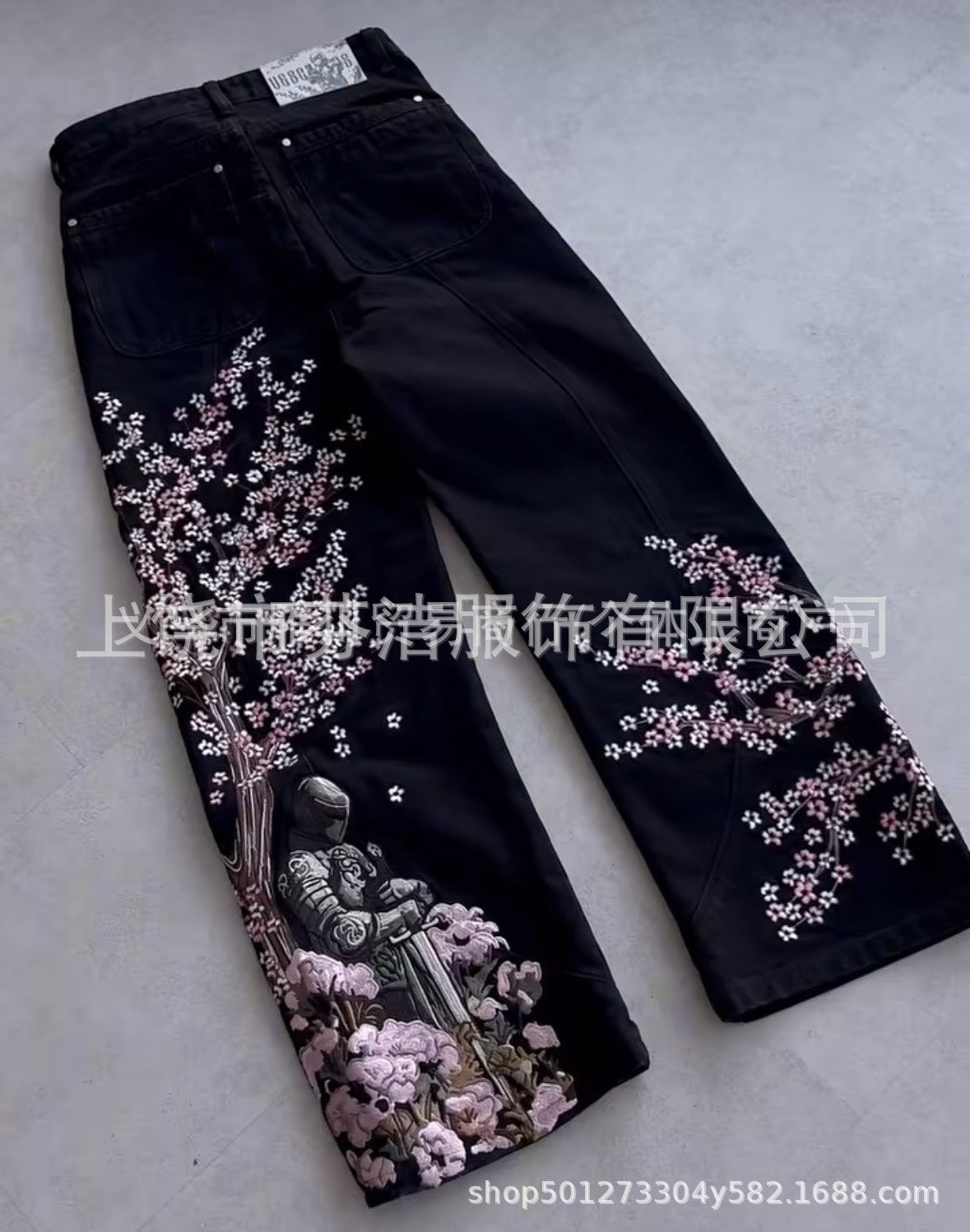 Digital-print Floral Faux Denim Straight-leg Floor-length Pants 3D