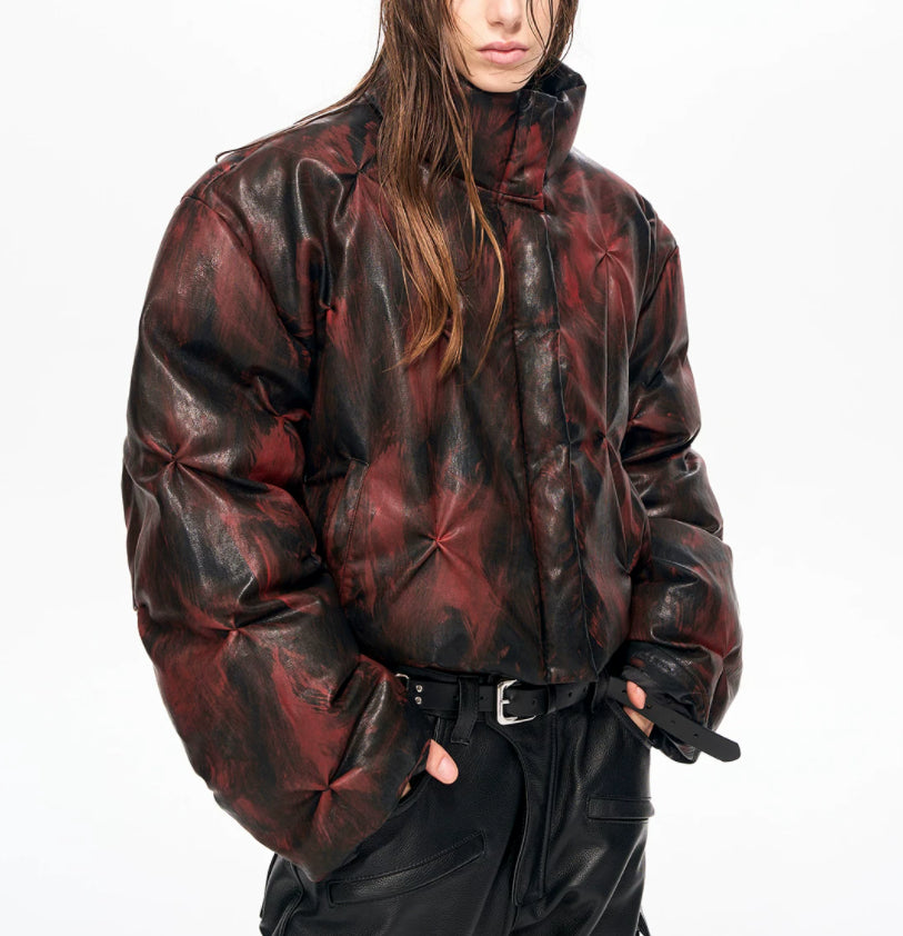 Cropped Leather Puffer Jacket With A Stand-up Collar And Shirring