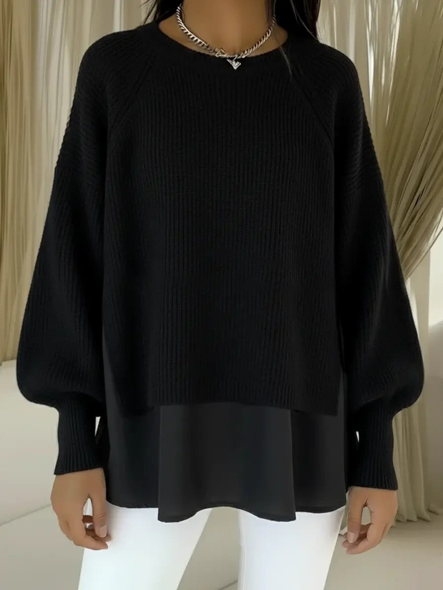 Ensfarvet afslappet crewneck-sweater med chiffonkant og pufærmer
