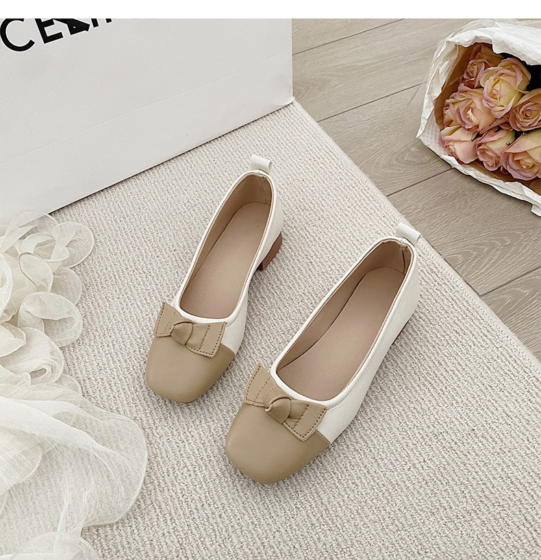 Bow Knot Sweet Colorblock Chunky Heel Slip-on Shoes