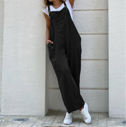 High Waist Sling Solid Color Long Jumpsuit