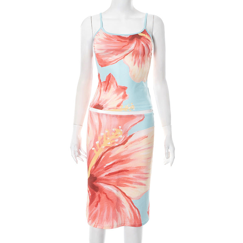 Ruffled Floral Print Sleeveless Camisole And Mid-Length Skirt Casual Set