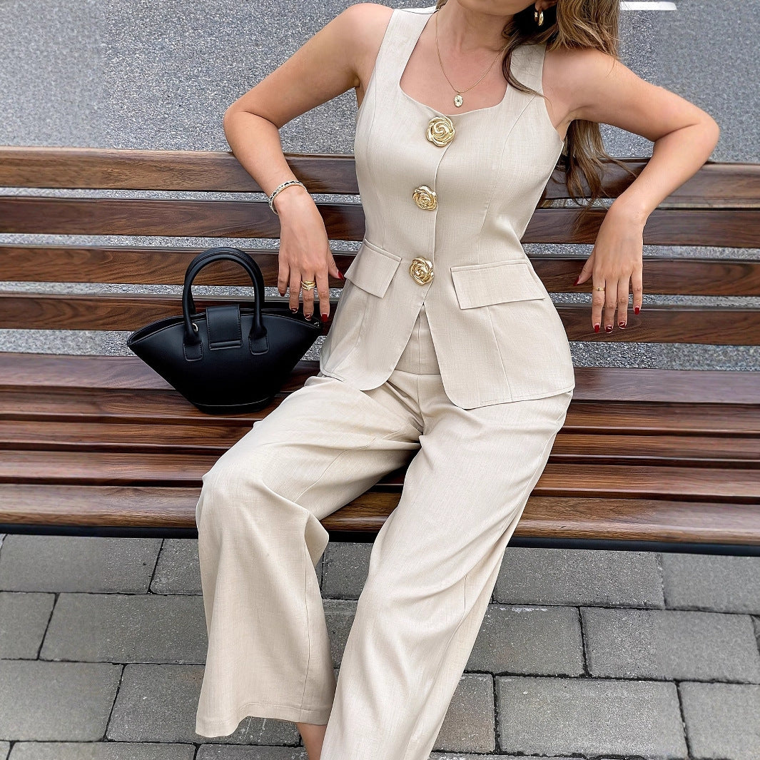 Solid-color Elegant Wide-leg Pants With A Rose-button Square-neck Sleeveless Vest