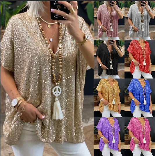 Løs Pullover Sequined V-hals T-shirt Top Damebeklædning