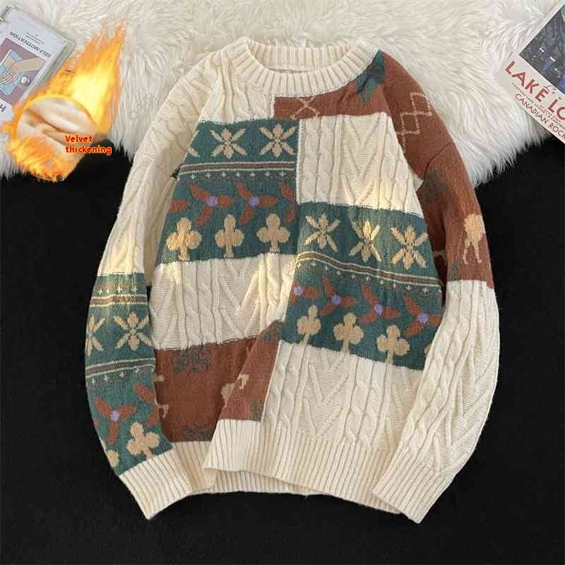 Fleece-lined Thickened Turtleneck Retro Art Design Sweater Warm