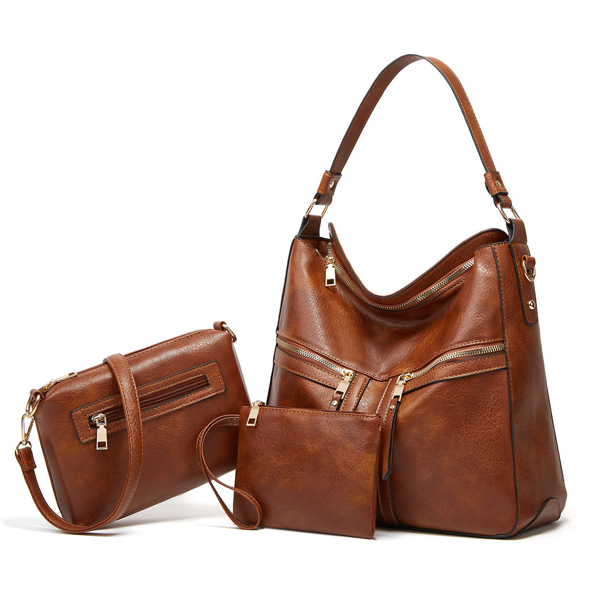 Trendy Double Zipper Soft Leather Large Capacity Totes
