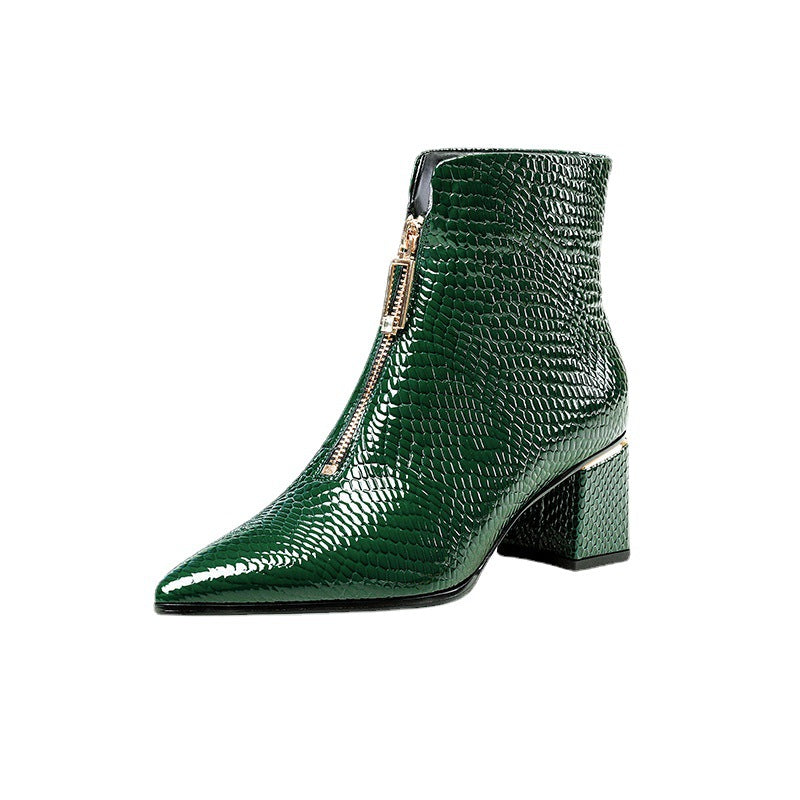 Women's Leather Thick Heel Pointed Toe Boots