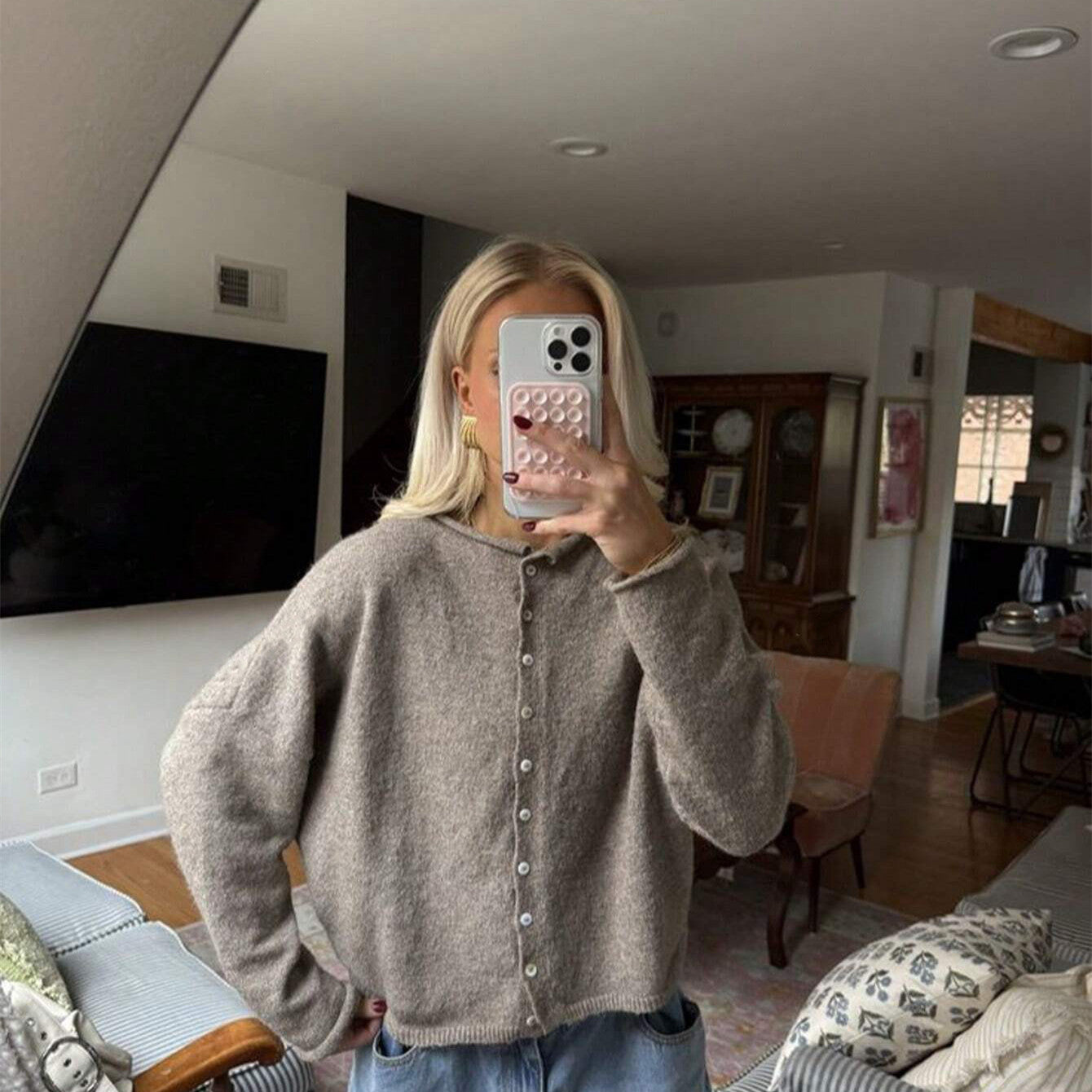 Strikket cardigan med lange ærmer til kvinder i ensfarvet