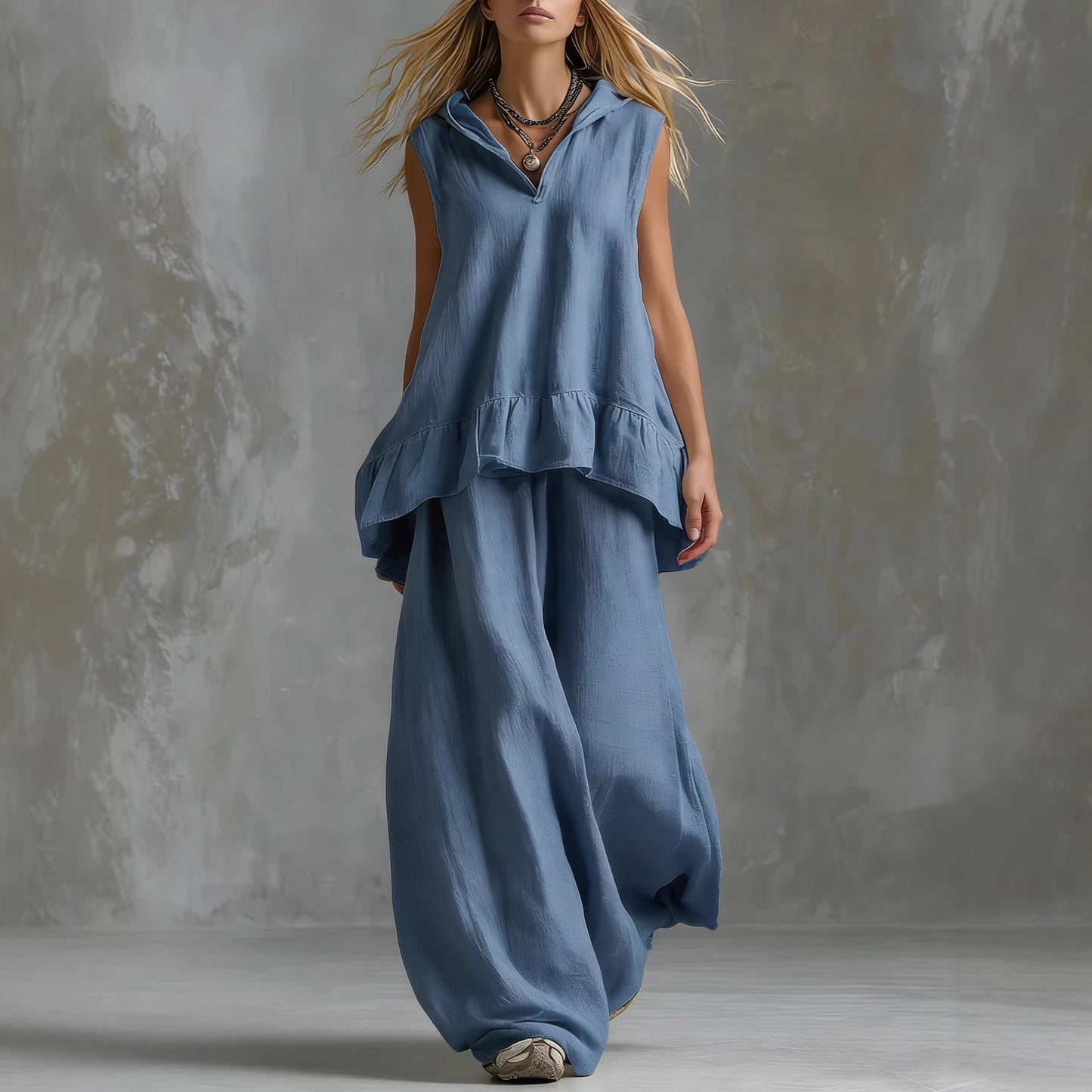 Casual Sleeveless Top And Fashionable Wide-Leg Pants Two-Piece Set