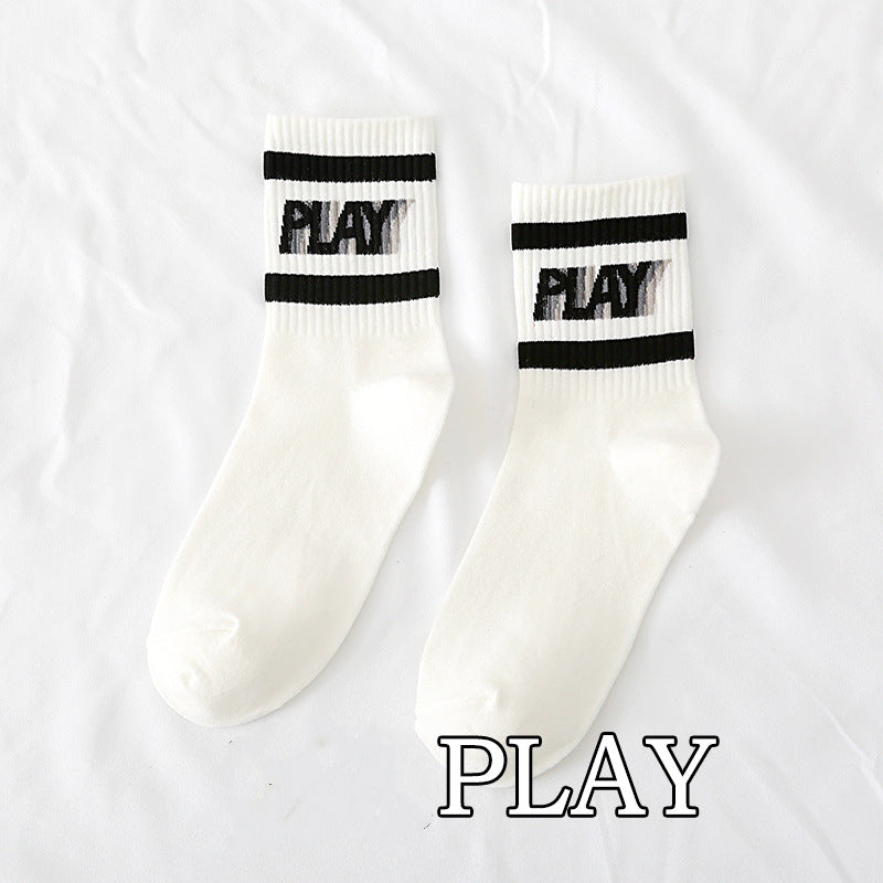 Spring And Autumn Ladies New Mid-calf English Letters Wide Stripe Combination Ins Trend Athletic Socks Combed Cotton Women's Socks Manufacturer